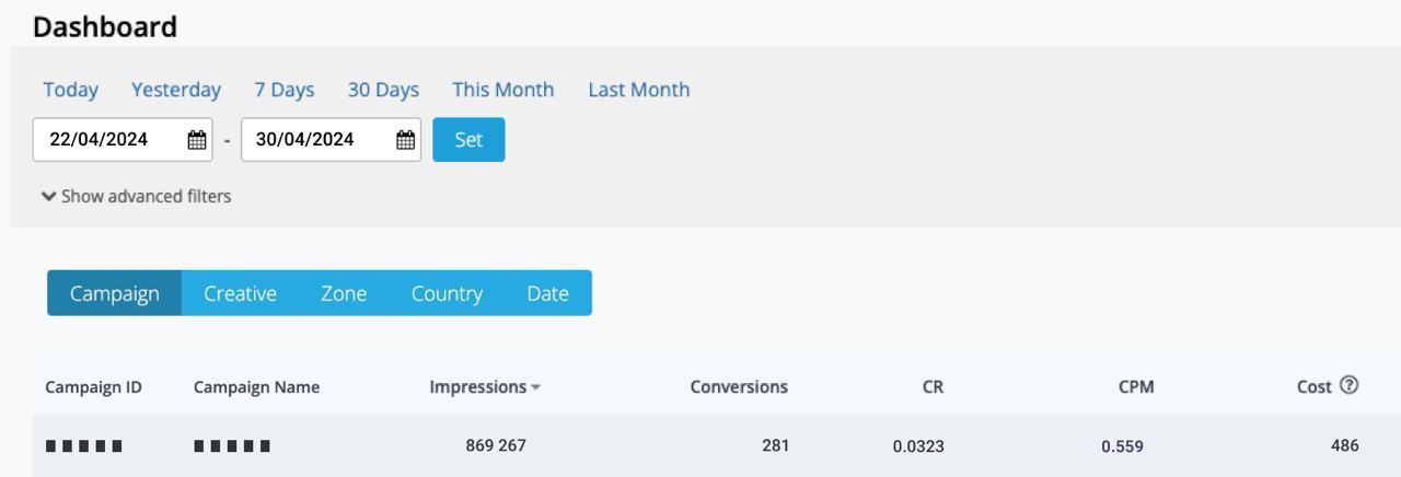 Clickadu统计数据的截屏